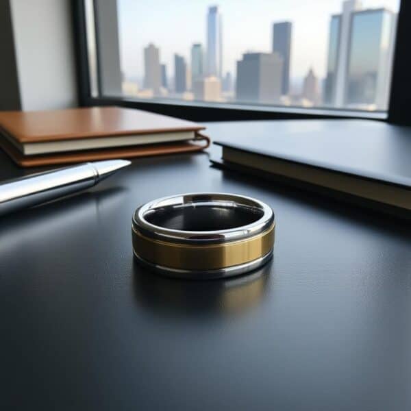 Opulent silver and gold flat tungsten men’s ring — luxury wedding band for him with personalised custom engraving.