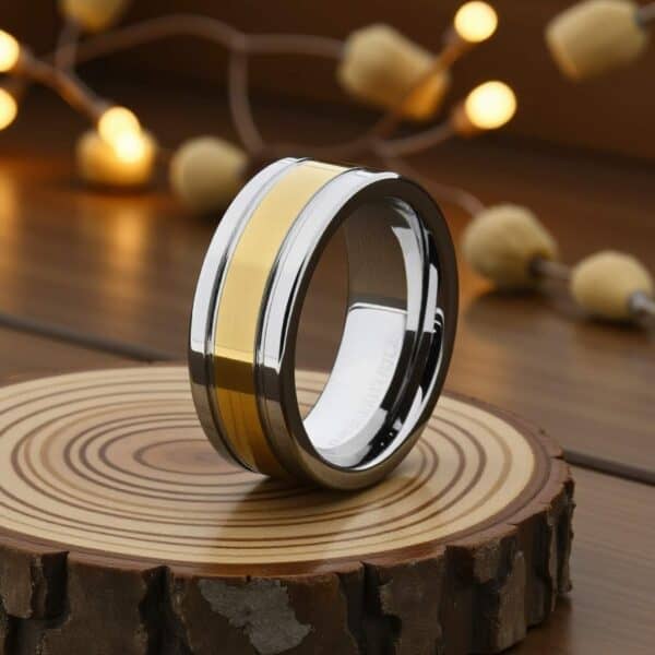 The Opulent tungsten ring for men — polished silver with gold groove, flat profile eternity ring with engraving option.