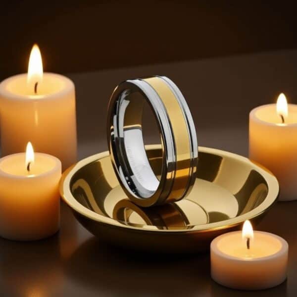 Opulent two-tone gold and silver flat tungsten men’s ring — masculine wedding band with engraving option.