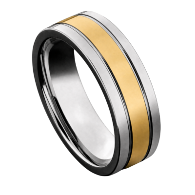 Close-up of the Opulent polished silver tungsten ring with a wide gold centre section, showcasing its bold two-tone 8mm design.