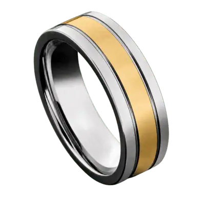Close-up of the Opulent polished silver tungsten ring with a wide gold centre section, showcasing its bold two-tone 8mm design.
