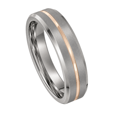 Close-up of the Always brushed silver tungsten ring with a polished rose gold centre groove and polished bevelled edges on a white background.