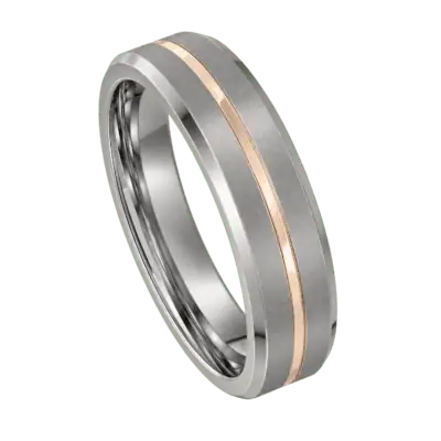 Close-up of the Always brushed silver tungsten ring with a polished rose gold centre groove and polished bevelled edges on a white background.