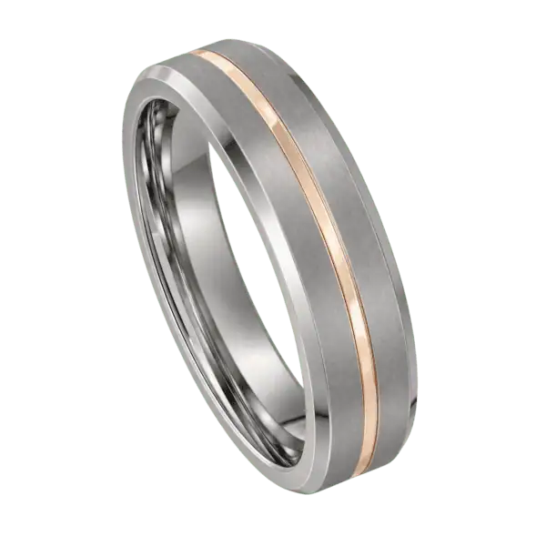 Close-up of the Always brushed silver tungsten ring with a polished rose gold centre groove and polished bevelled edges on a white background.