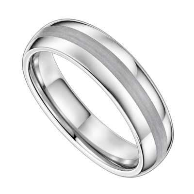 Close-up of The Knight 8mm silver tungsten ring with a brushed centre, polished silver sides and gently domed profile on a white background.