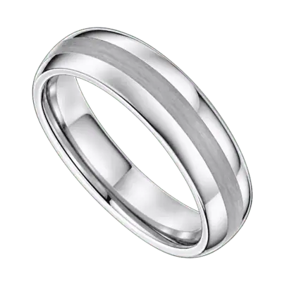 Close-up of The Knight 8mm silver tungsten ring with a brushed centre, polished silver sides and gently domed profile on a white background.