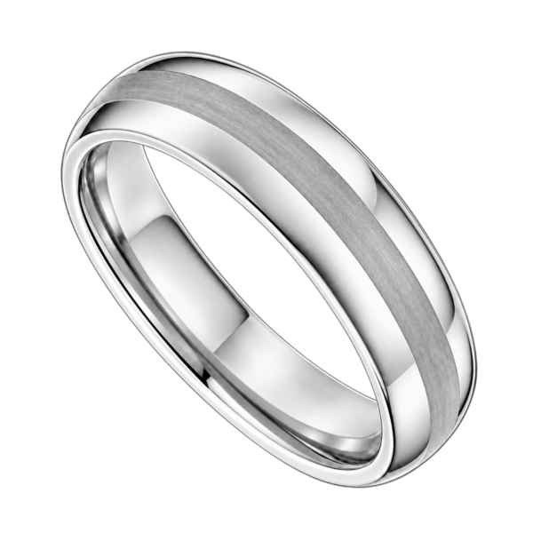 Close-up of The Knight 8mm silver tungsten ring with a brushed centre, polished silver sides and gently domed profile on a white background.