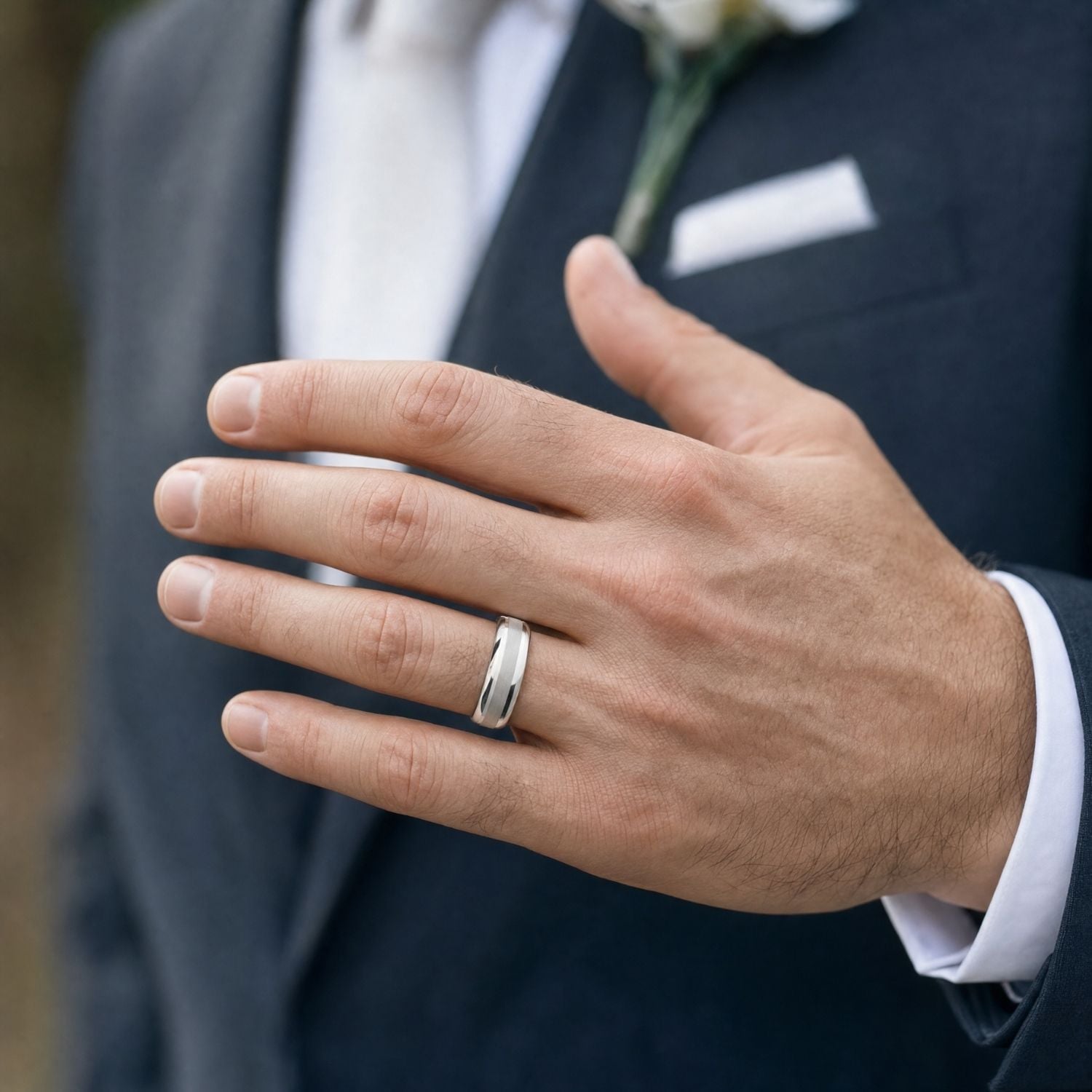 Groom in his wedding suit holding up his hand to display The Knight silver tungsten wedding ring with its contrasting brushed centre.