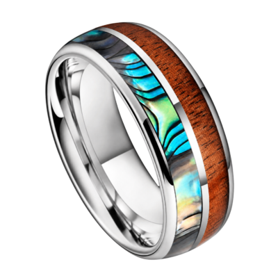Close-up of the Elements polished silver tungsten ring with natural whiskey barrel wood and iridescent abalone shell inlays on a white background.