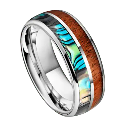 Close-up of the Elements polished silver tungsten ring with natural whiskey barrel wood and iridescent abalone shell inlays on a white background.