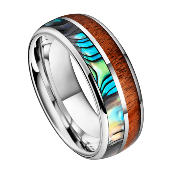 Close-up of the Elements polished silver tungsten ring with natural whiskey barrel wood and iridescent abalone shell inlays on a white background.