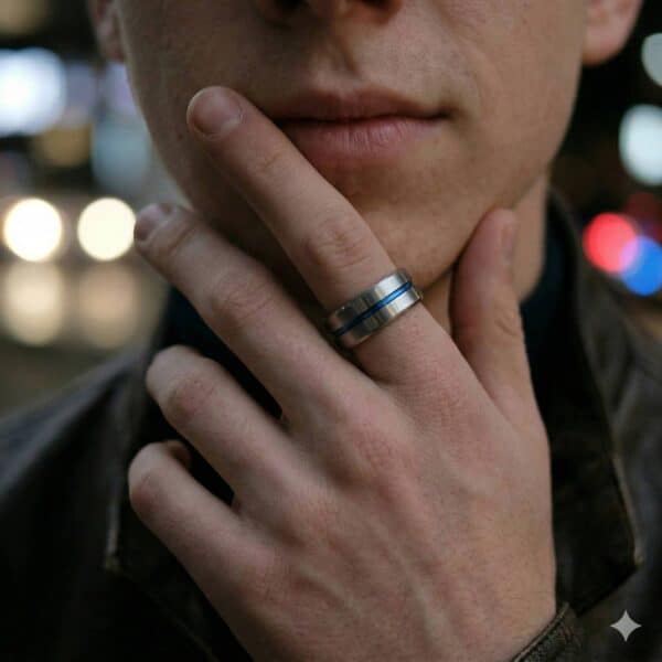 A close up image of a man wearing a tungsten ring. The man is holding his hand up to his face with this index finger pointing upwards. The ring is a flat profile band and is brushed silver. It features a groove of vibrant blue.