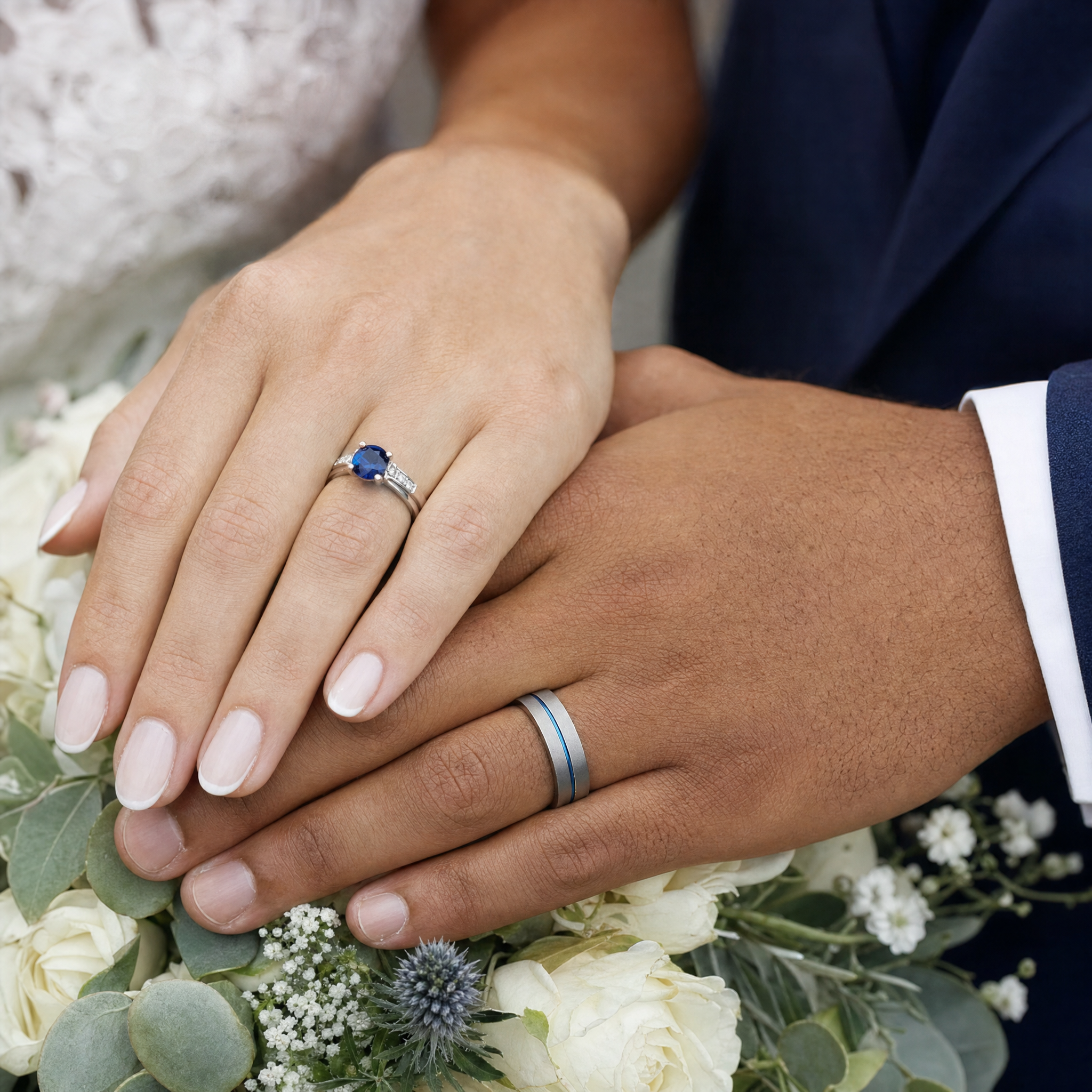 Close-up of a newlywed couple's hands above white wedding flowers, with the groom wearing the Negotiator silver tungsten wedding band with a polished blue groove.