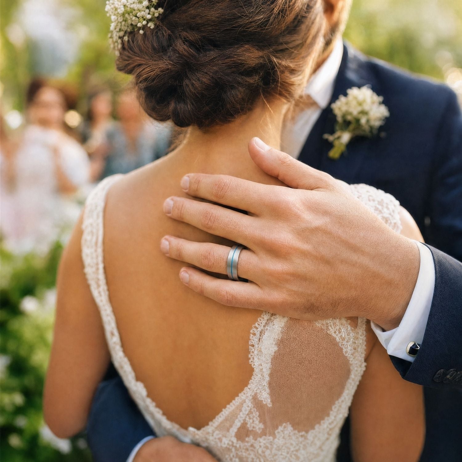 Bride and groom embracing as the groom wears the Negotiator brushed silver tungsten wedding ring with a polished blue centre groove.