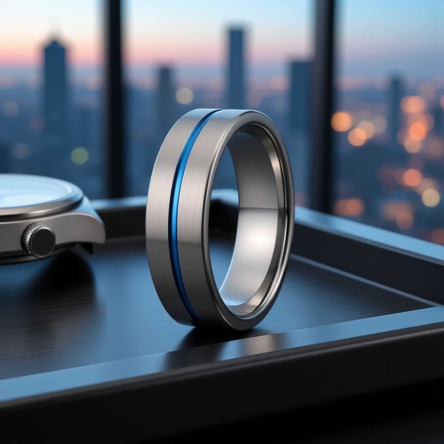 Brushed silver and blue tungsten men’s ring — The Negotiator — flat design wedding band with personalised engraving.