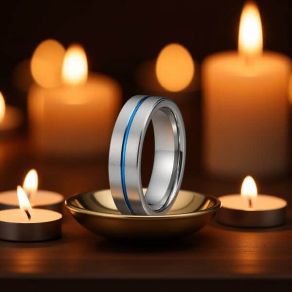 The Negotiator brushed silver and blue tungsten men’s ring featuring a central blue groove and flat profile with personalised engraving option.