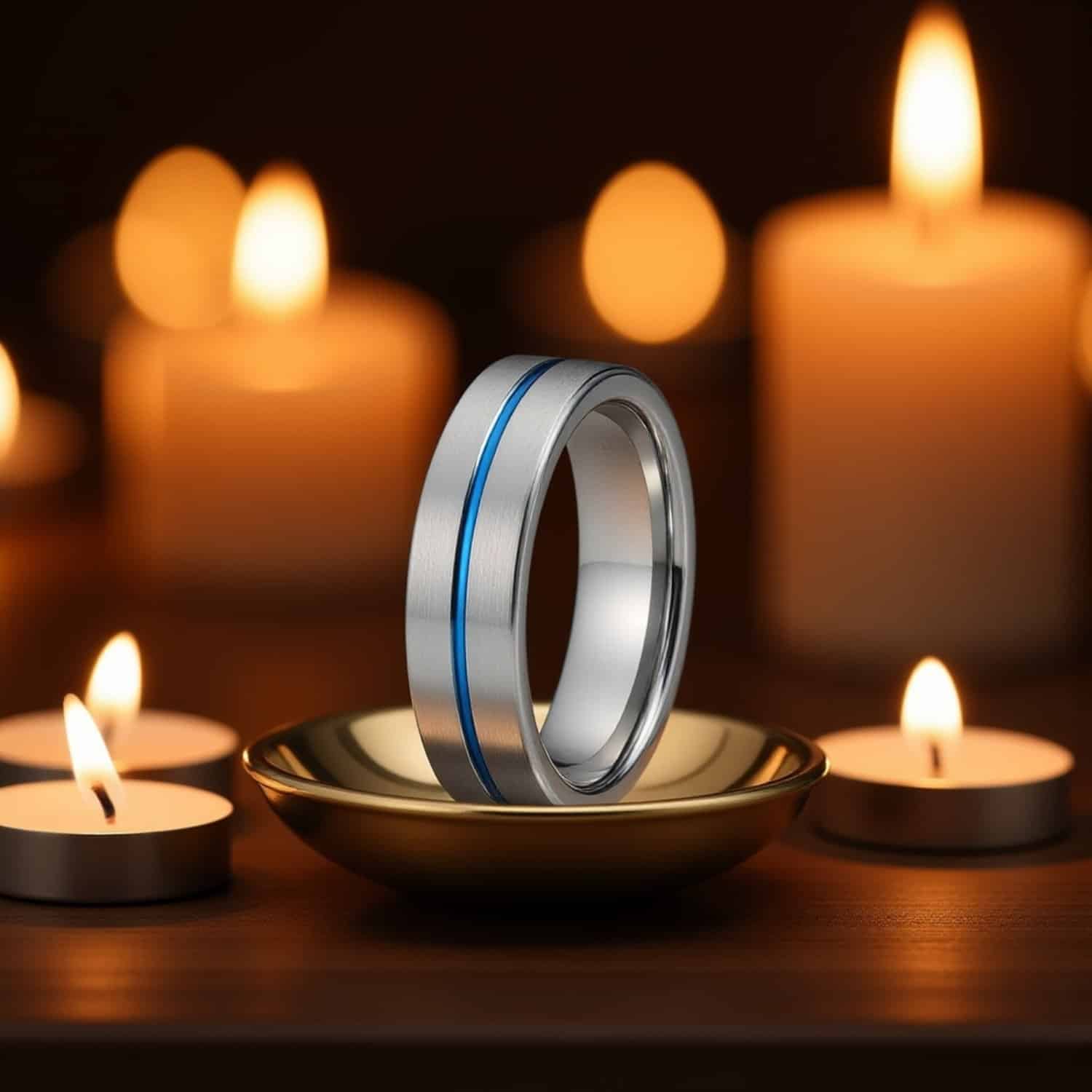 The Negotiator brushed silver and blue tungsten men’s ring featuring a central blue groove and flat profile with personalised engraving option.