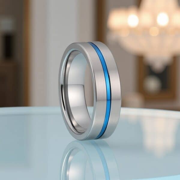 The Negotiator flat-profile brushed silver tungsten men’s ring with blue groove — bold, modern, and perfect for weddings or everyday wear.