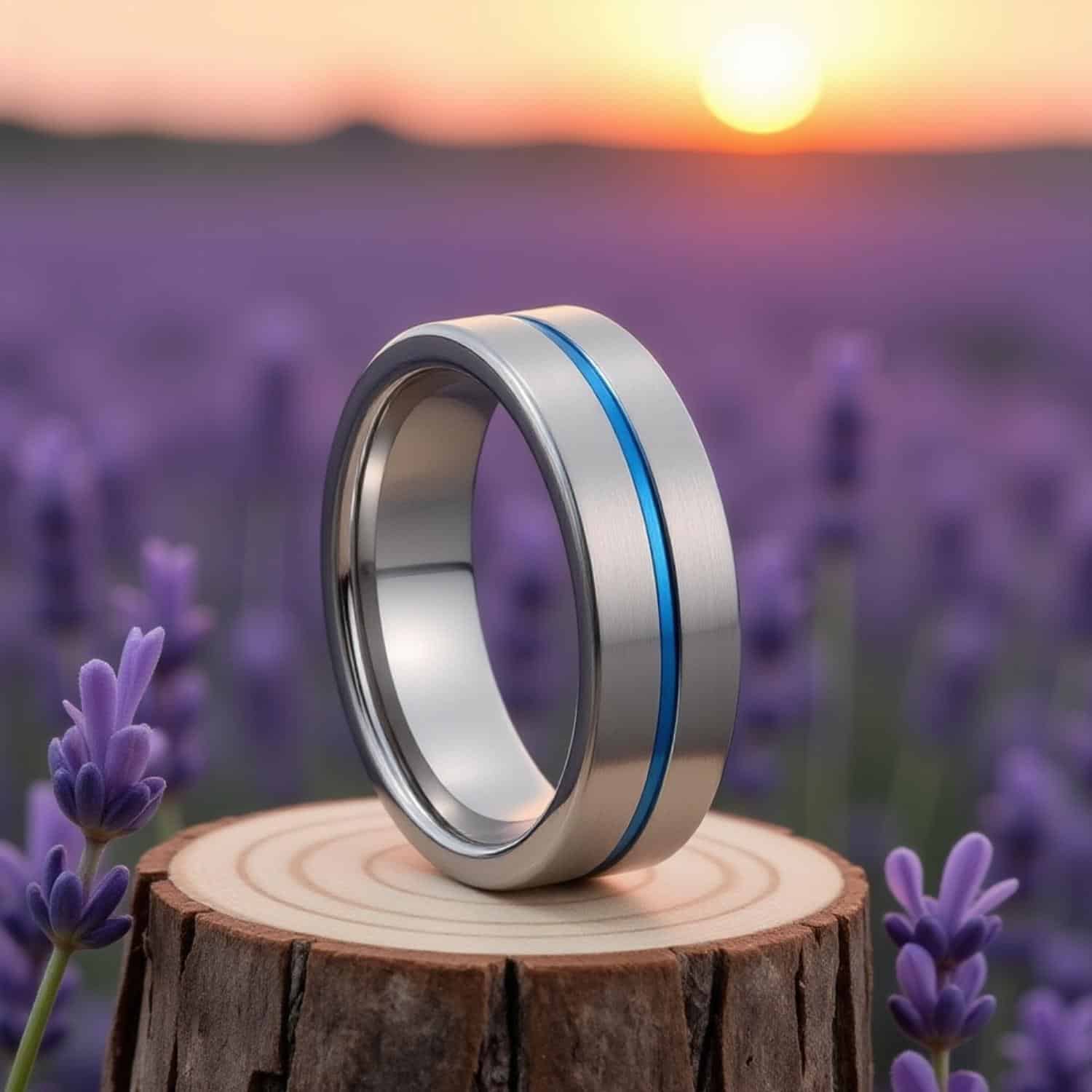 Negotiator men’s silver and blue tungsten wedding ring with flat brushed design and custom engraving for a modern masculine look.