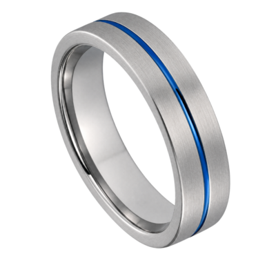 Close-up of the Negotiator brushed silver tungsten ring with a polished blue centre groove and flat profile on a white background.
