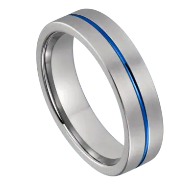 Close-up of the Negotiator brushed silver tungsten ring with a polished blue centre groove and flat profile on a white background.
