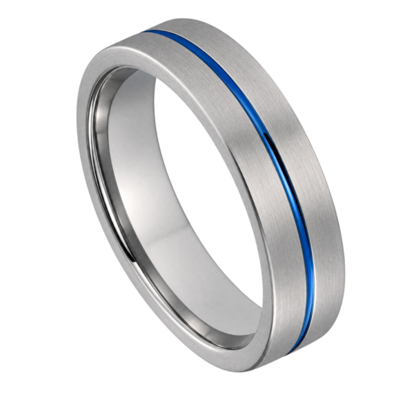 Close-up of the Negotiator brushed silver tungsten ring with a polished blue centre groove and flat profile on a white background.