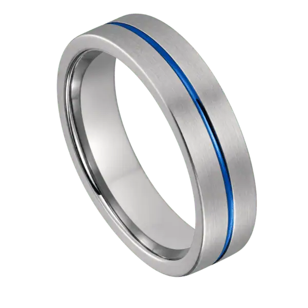 Close-up of the Negotiator brushed silver tungsten ring with a polished blue centre groove and flat profile on a white background.