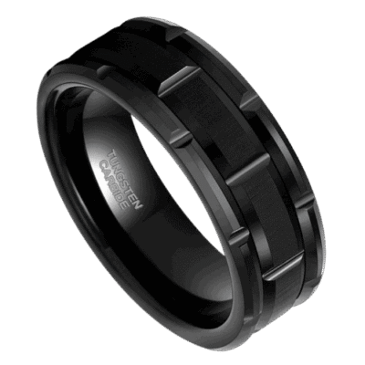 black mens ring 8mm tungsten block bold modern design wedding anniversary and engagement band in all sizes
