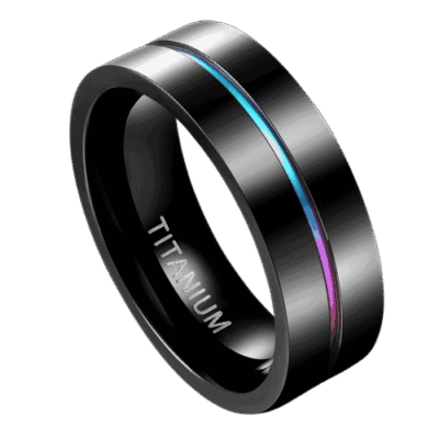 Mens black ring of titanium with gay pride colours in 7mm. Perfect for weddings anniversary or engagement band