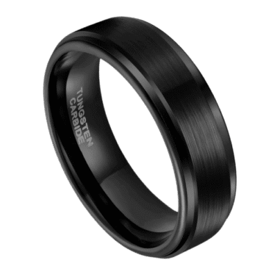 mens black ring of tungsten in 6mm or 8mm. Perfect wedding anniversary or engagement band in all sizes, brushed