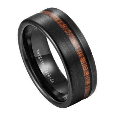 Striker men’s tungsten wood ring, black wedding or engagement band with polished interior and engraving option.