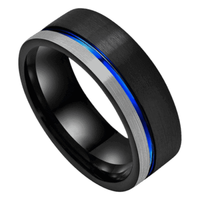 mens black ring with silver and blue modern design for wedding anniversary and engagement band 8mm in all sizes