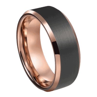 black mens ring with rose gold rim tungsten 8mm band for wedding anniversary engagement or promise ring in all sizes
