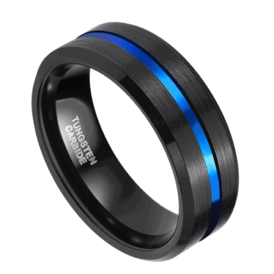 mens black ring with blue heart tungsten wedding anniversary engagement band 8mm in all sizes