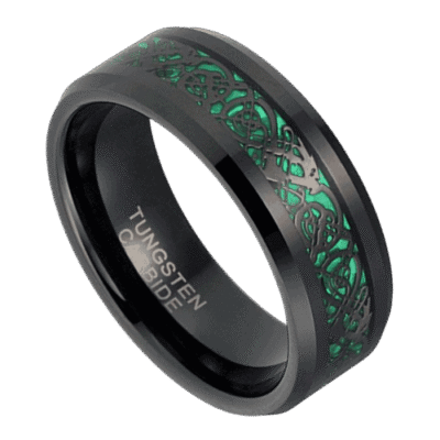 green mens ring with black tungsten 8mm wedding anniversary or engagement band in all sizes