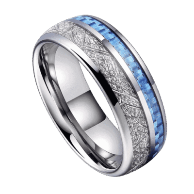 Trailblazer blue carbon fibre and meteorite tungsten ring for men, bold 8mm wedding band or eternity ring for him with custom engraving