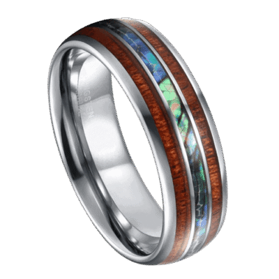 mens silver ring with wood and shell. 8mm tungsten band perfect for wedding anniversary or engagement. in all sizes