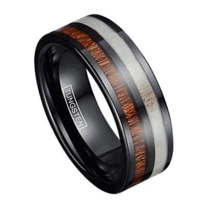 mens antler wood ring in black tungsten 8mm. Perfect for wedding band anniversary or engagement
