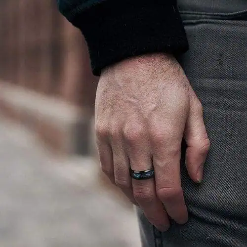 titanium mens ring in black with shell inlay. 8mm wedding anniversary or engagement band