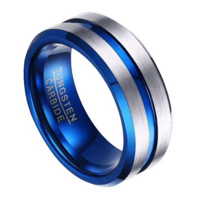 mens blue ring with brushed silver sides 8mm tungsten band for wedding anniversary and engagement in all sizes