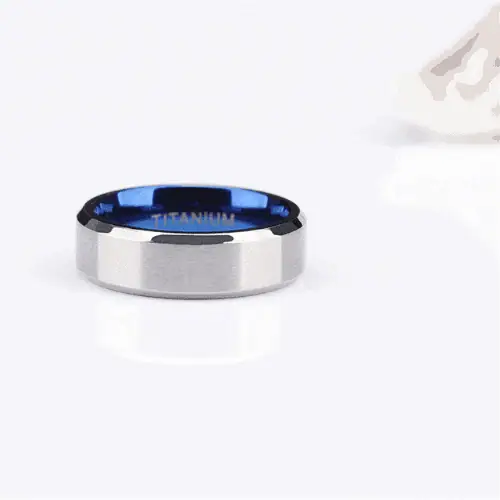 blue silver mens ring, brushed silver outside, blue inside