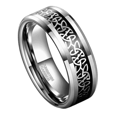 silver mens ring with black highlights, tungsten and carbon fibre design 8mm for wedding anniversary engagement or promise ring in all sizes