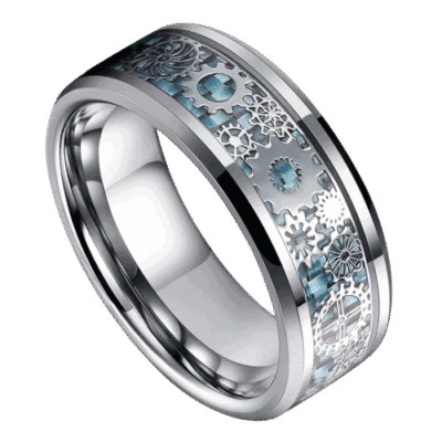 mens silver ring with watch clog carbon fibre inlay 8mm width in all sizes for weddings anniversary engagement