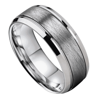 mens silver ring for wedding anniversary or engagement. brushed silver with polished sides 8mm tungsten in all sizes