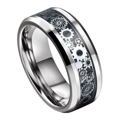 silver mens ring with black watch cog inlay for wedding anniversary engagement band in all sizes 6mm or 8mm