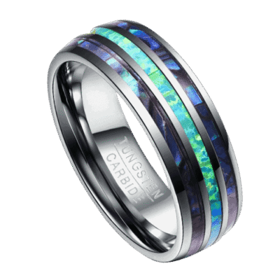 mens shell ring 8mm tungsten silver blue green opal ring for wedding anniversary engagement band in all sizes