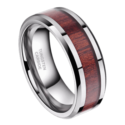 mens wood ring with silver tungsten 8mm wedding anniversary engagement band in all sizes. modern design