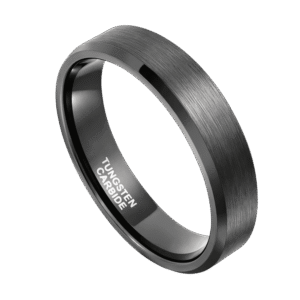 A zoomed in shot of a gunmetal grey tungsten ring. It has a brushed finish and bevelled edges.