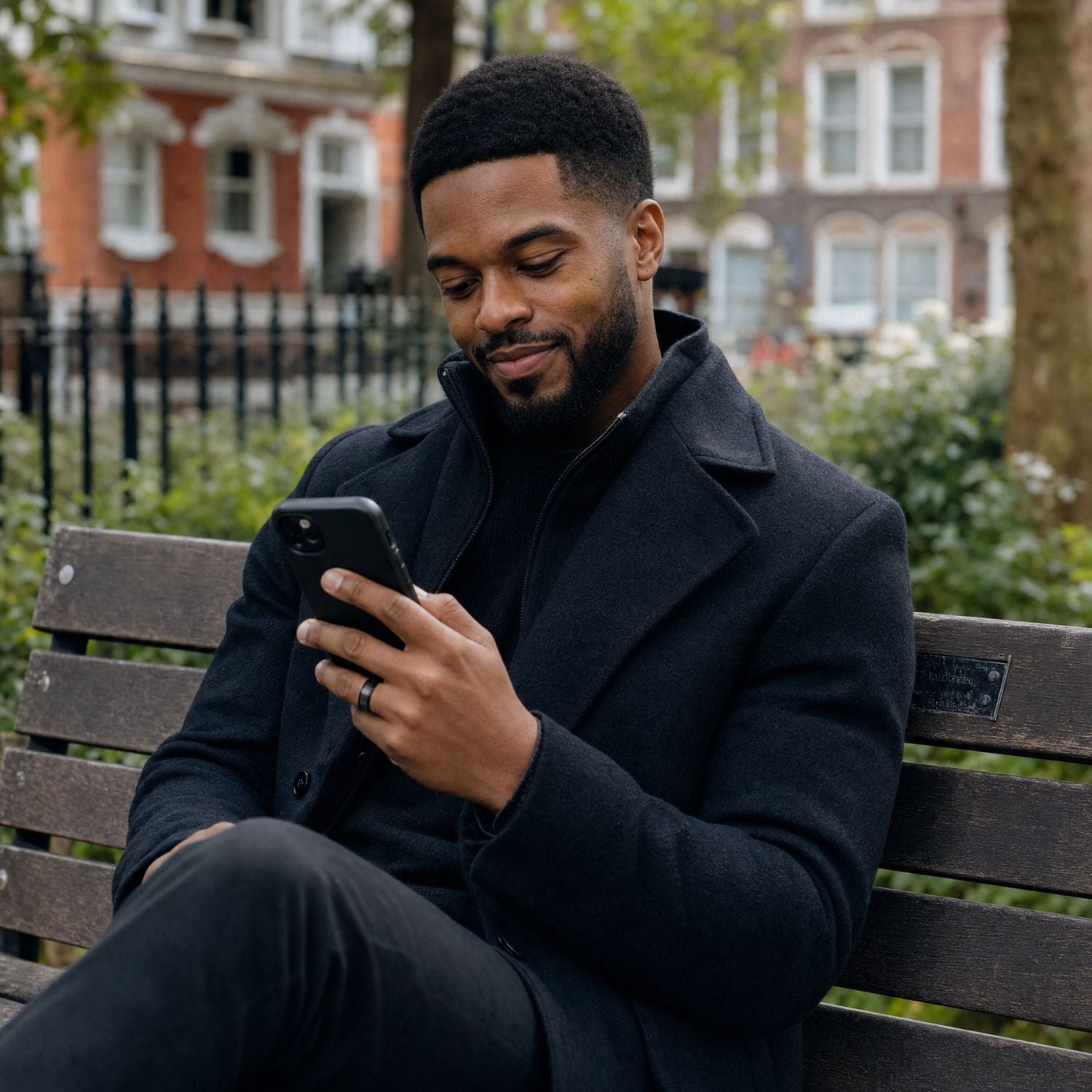 Relaxed man sitting on a park bench while wearing the Spirit black tungsten carbide ring with a brushed finish and polished edges.
