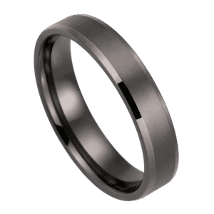 A zoomed in shot of a gunmetal grey tungsten ring. It has a brushed finish and bevelled edges.